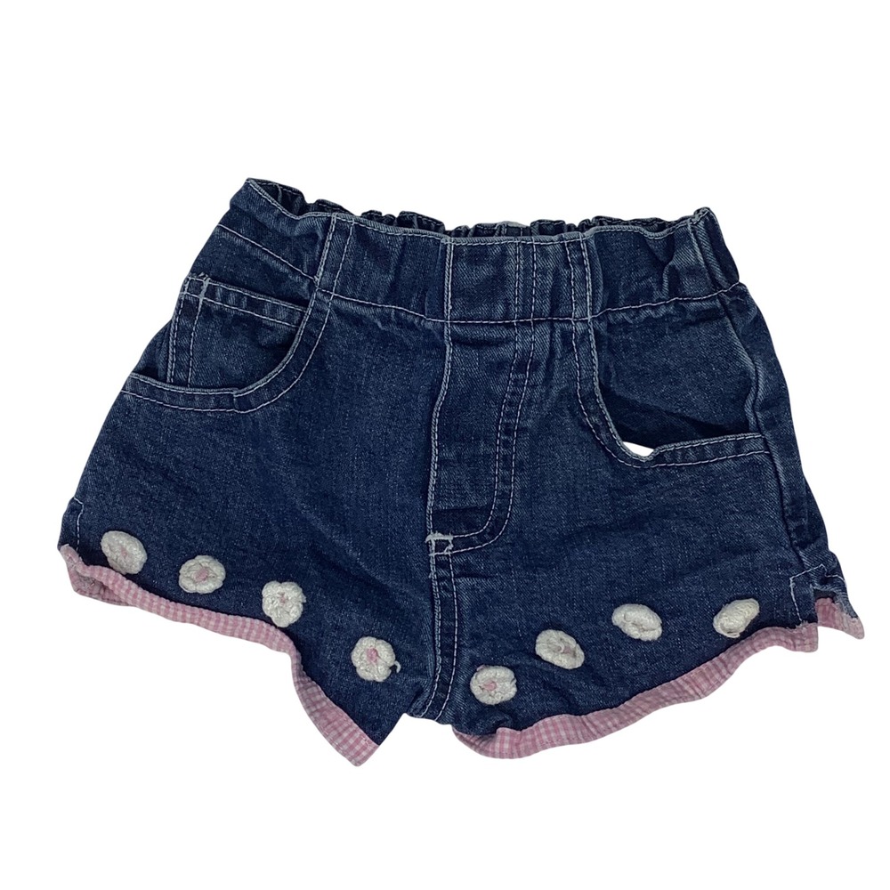 Baby Girls Denim Shorts 12M Blue Cotton Elastic Waist Floral Embellished Gingham
